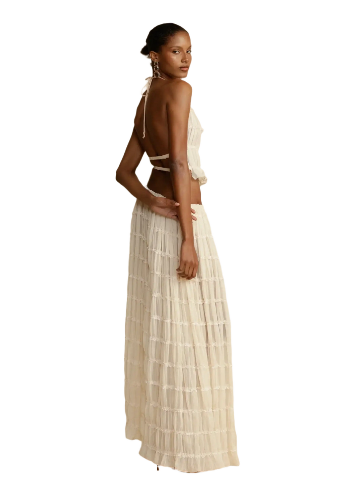 BRODIE Summer Backless Ruched White Skirt & Top Set