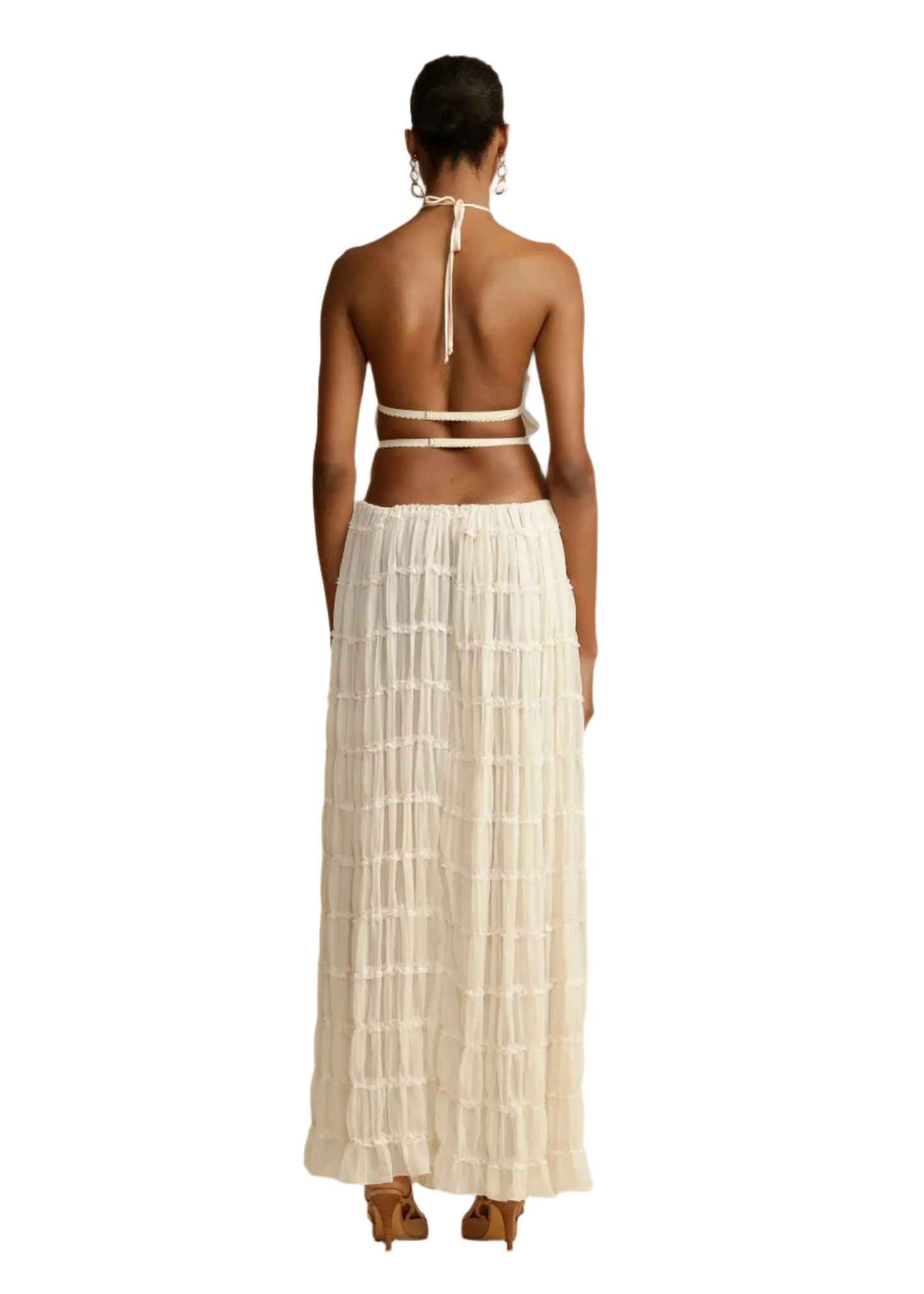 BRODIE Summer Backless Ruched White Skirt & Top Set