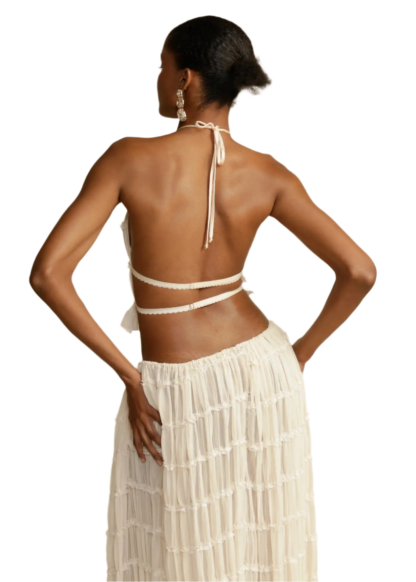BRODIE Summer Backless Ruched White Skirt & Top Set