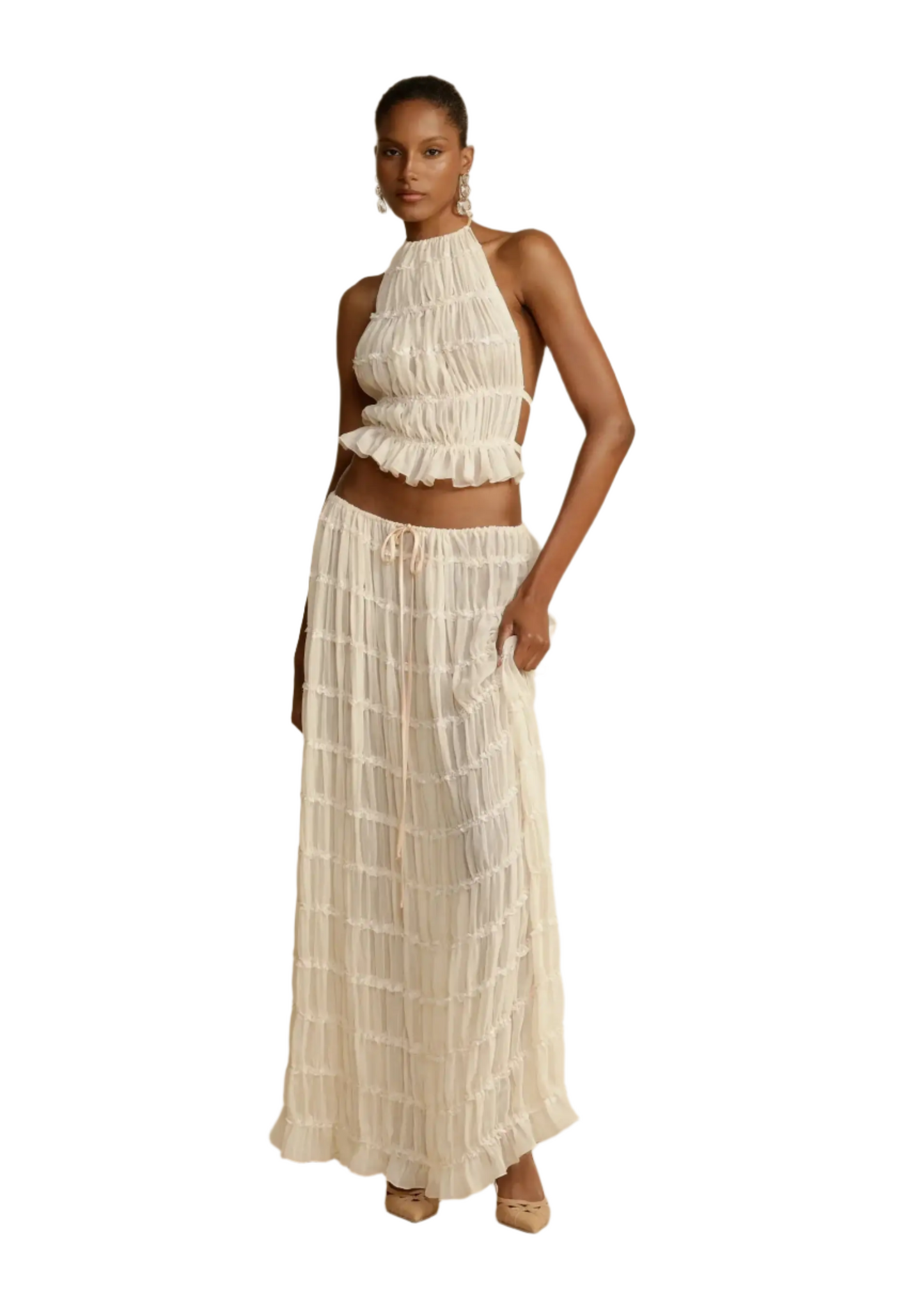 BRODIE Summer Backless Ruched White Skirt & Top Set