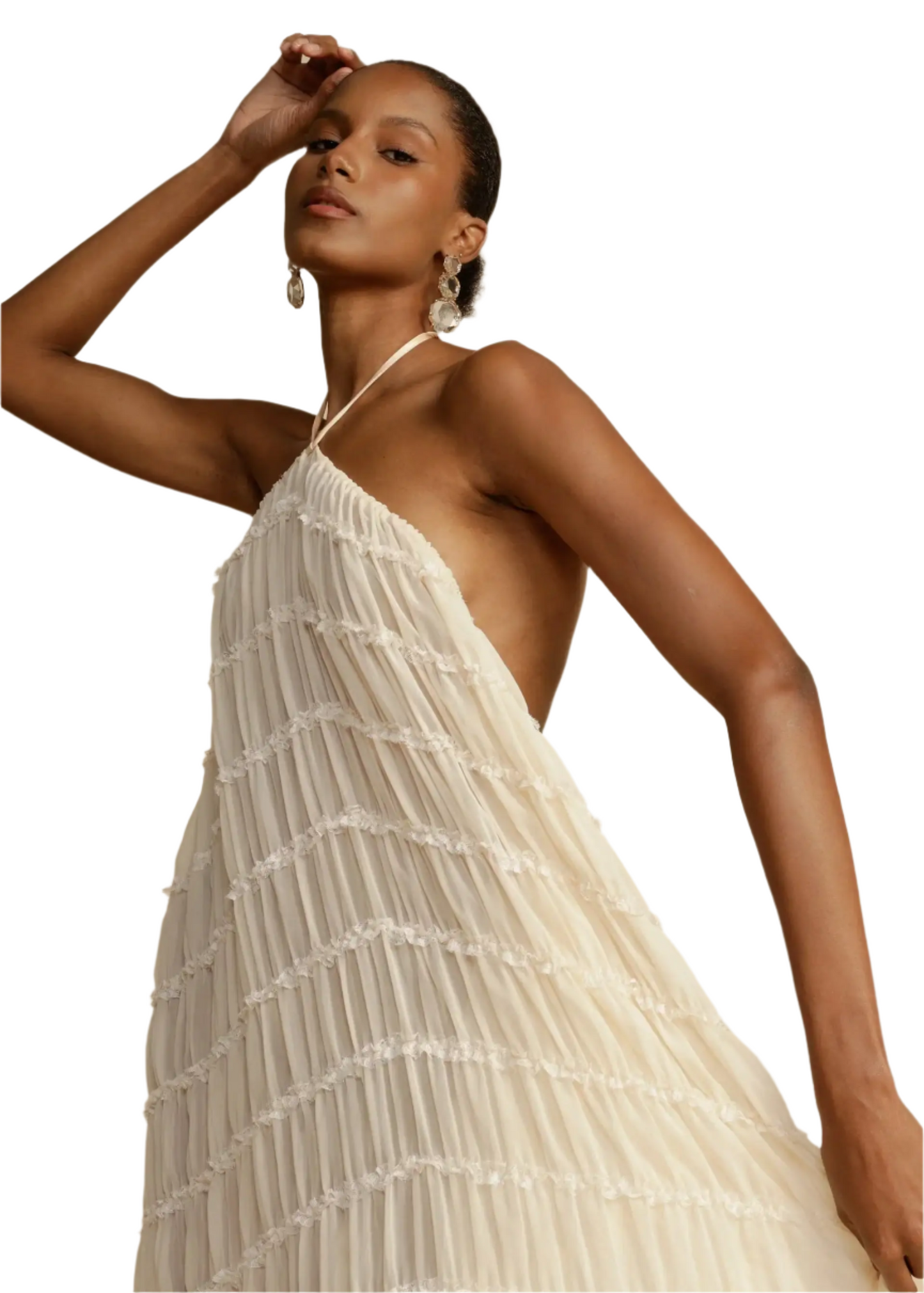 BRODIE Summer Backless Ruched White Skirt & Top Set