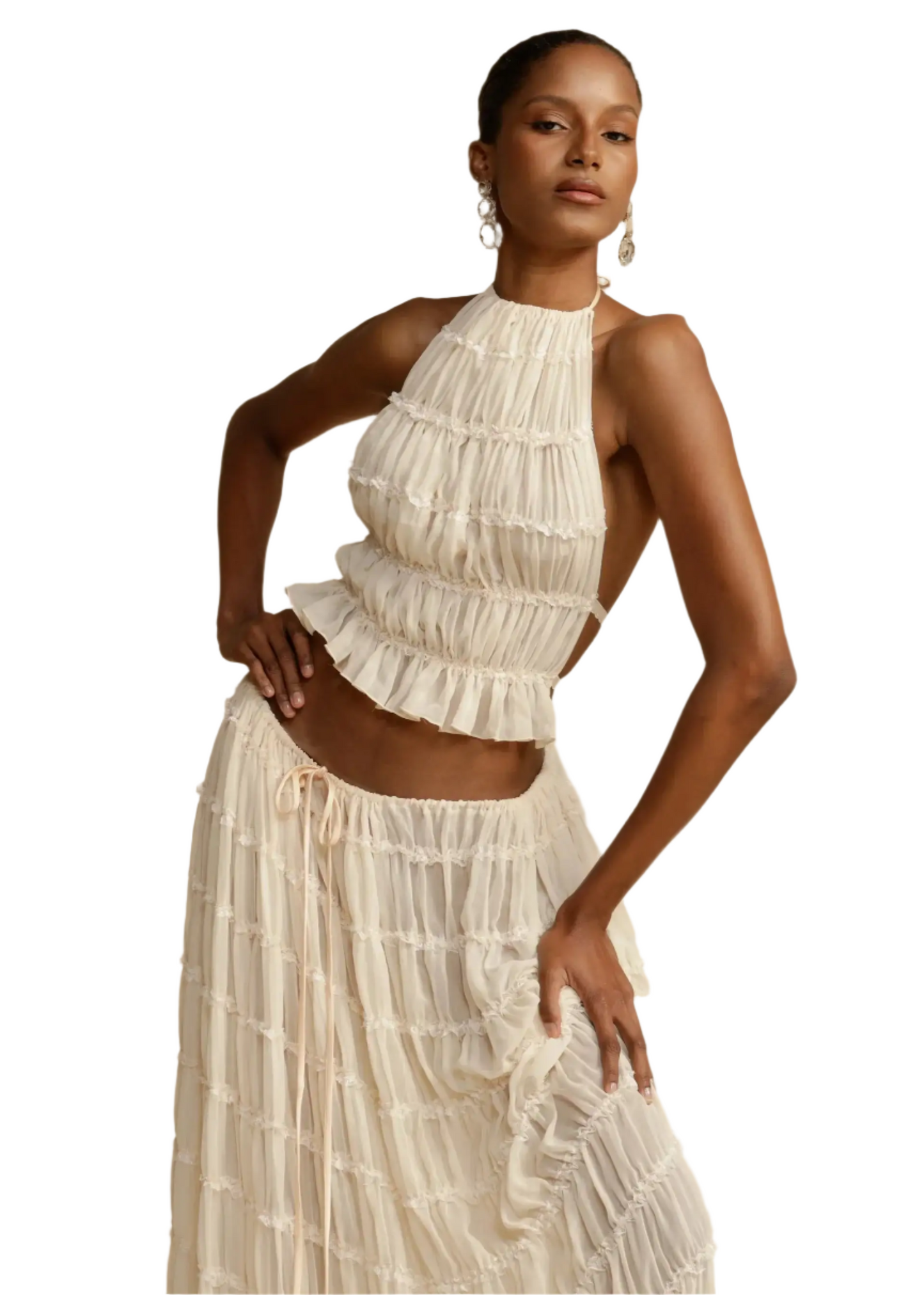 BRODIE Summer Backless Ruched White Skirt & Top Set