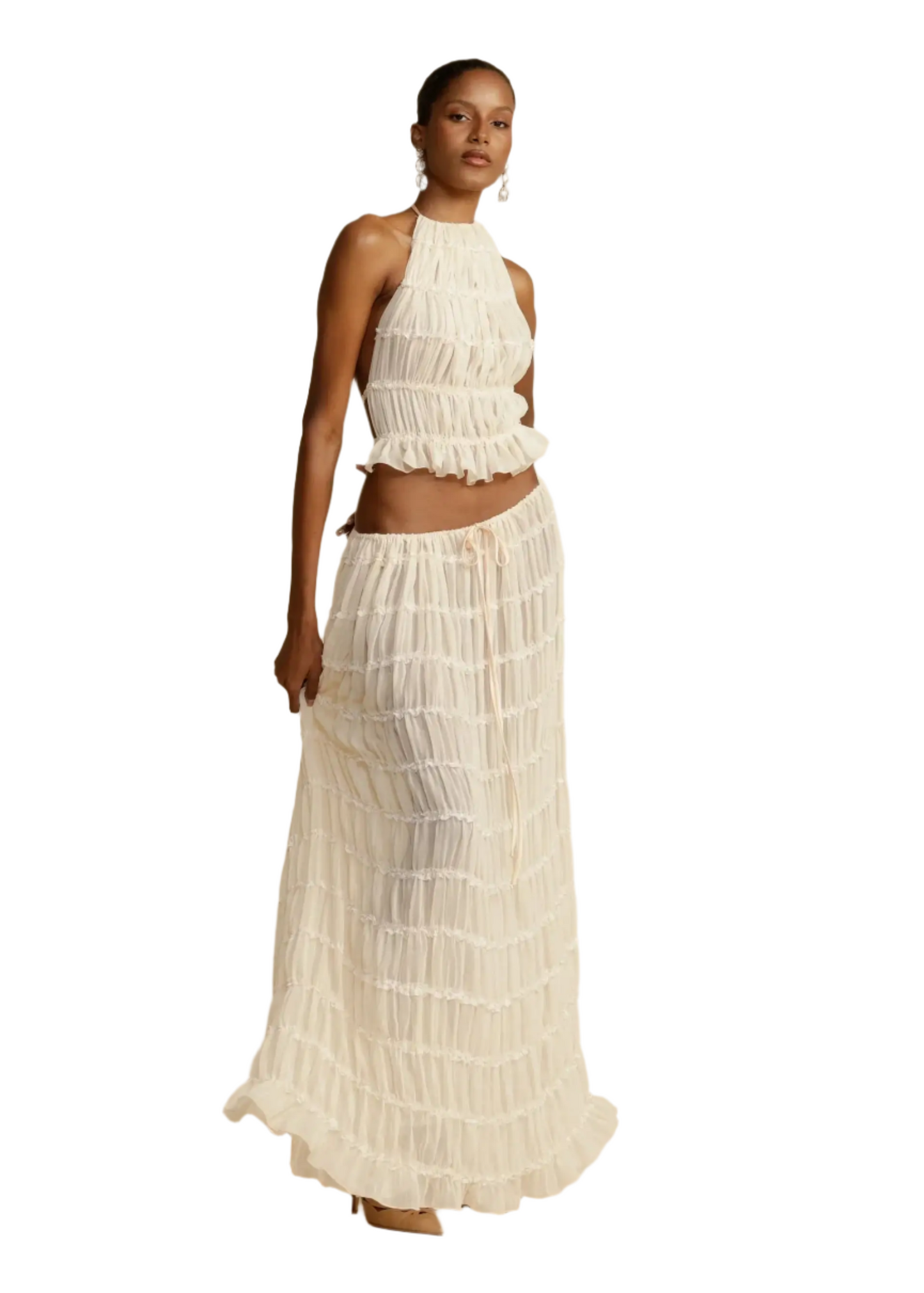 BRODIE Summer Backless Ruched White Skirt & Top Set