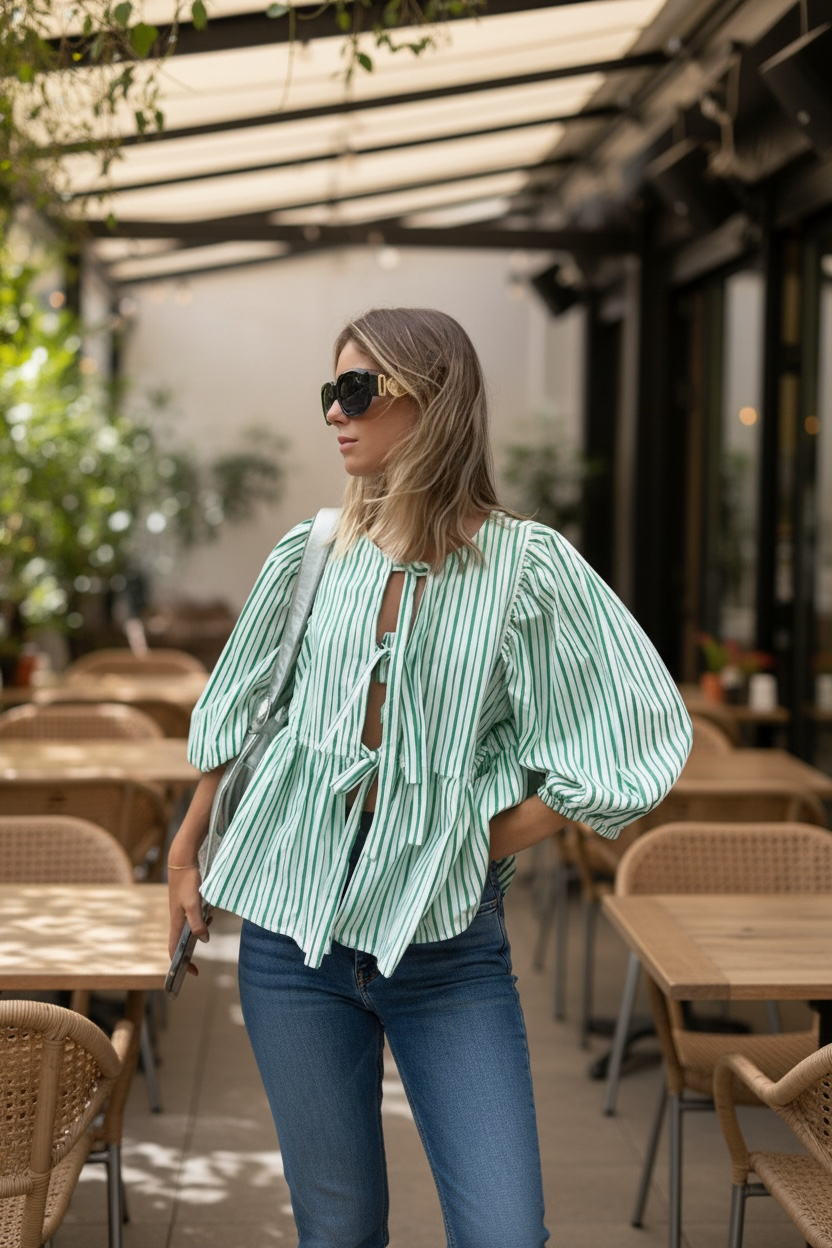 EVE Lace Up Puffed Sleeve Blouse