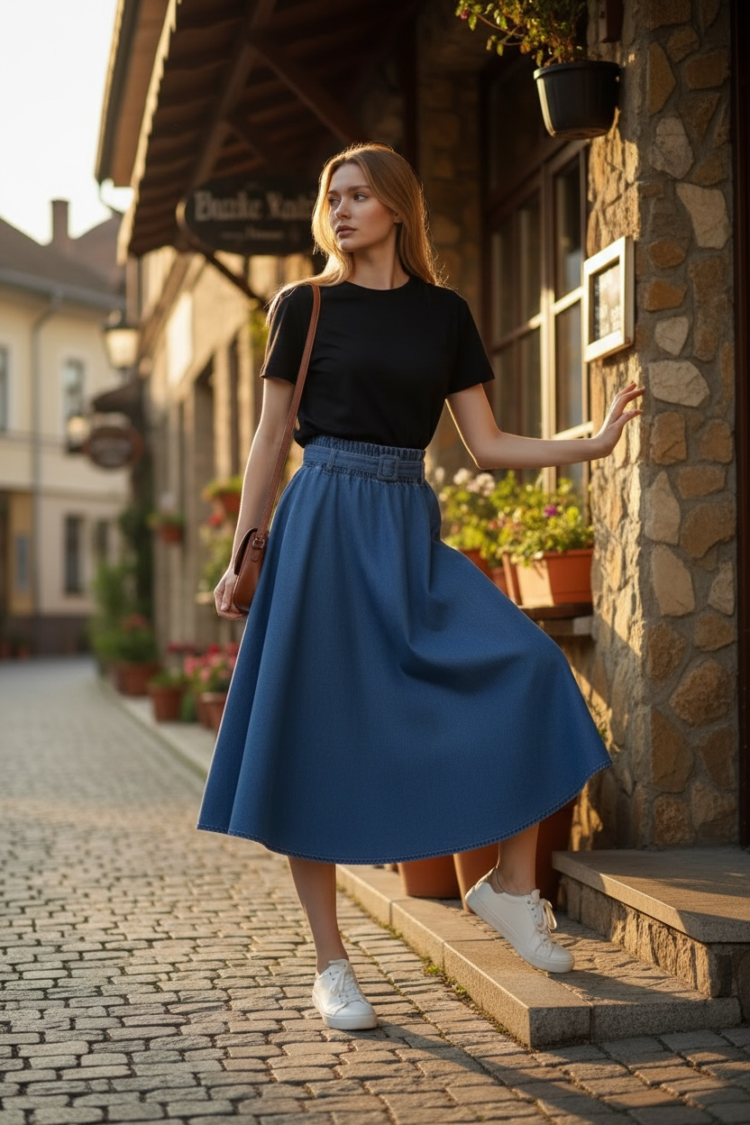 JADE Elasticised Waist Pleated Denim Skirt