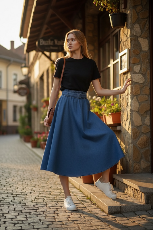 JADE Elasticised Waist Pleated Denim Skirt