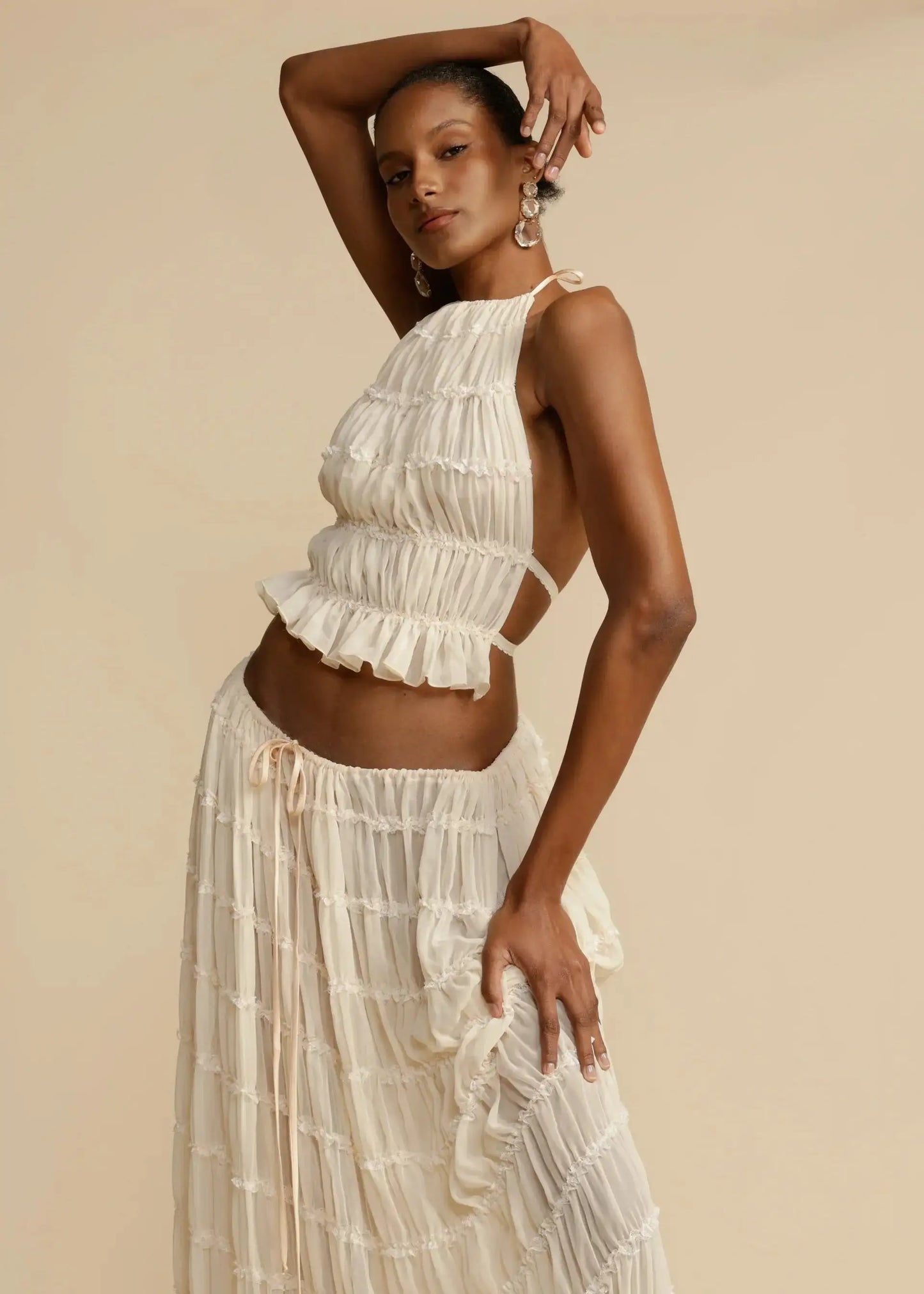 BRODIE Summer Backless Ruched White Skirt & Top Set