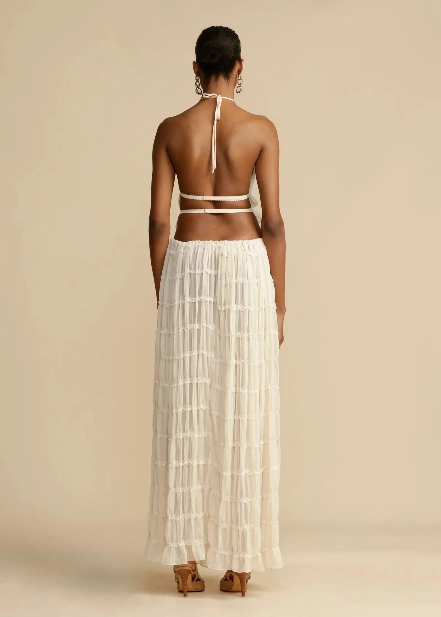 BRODIE Summer Backless Ruched White Skirt & Top Set