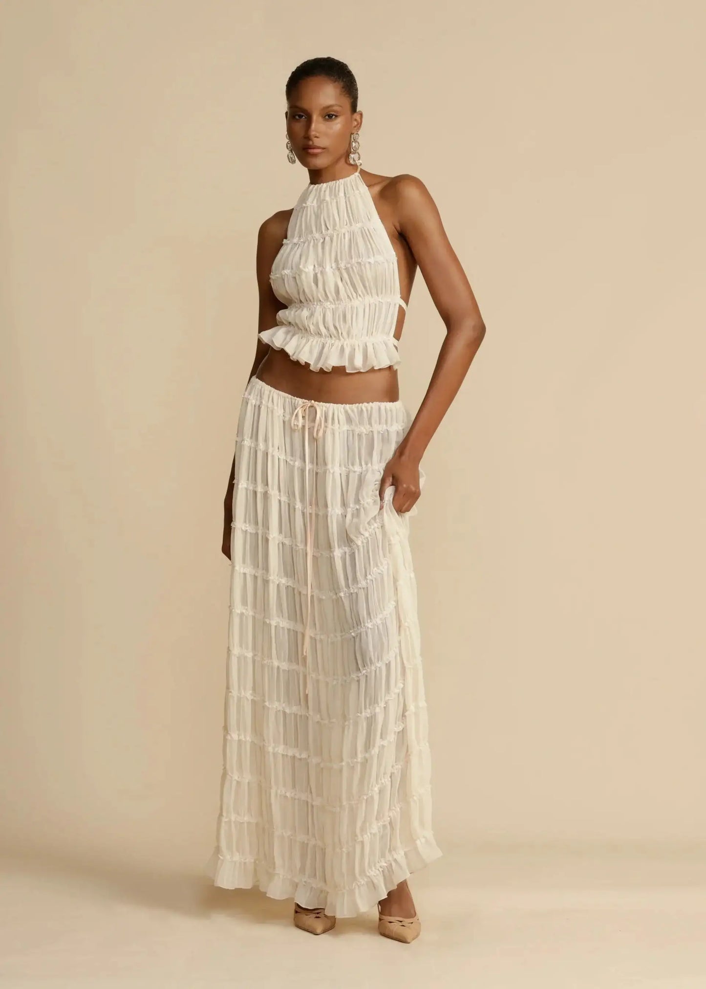 BRODIE Summer Backless Ruched White Skirt & Top Set