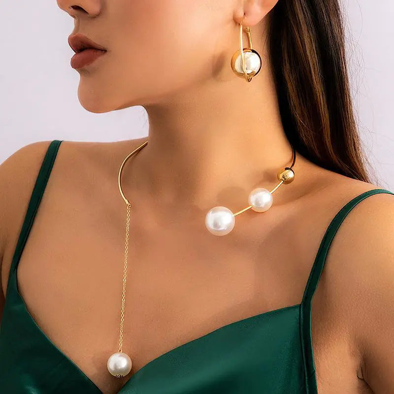 Minimalist Geometric Bead Choker Necklace and Earrings