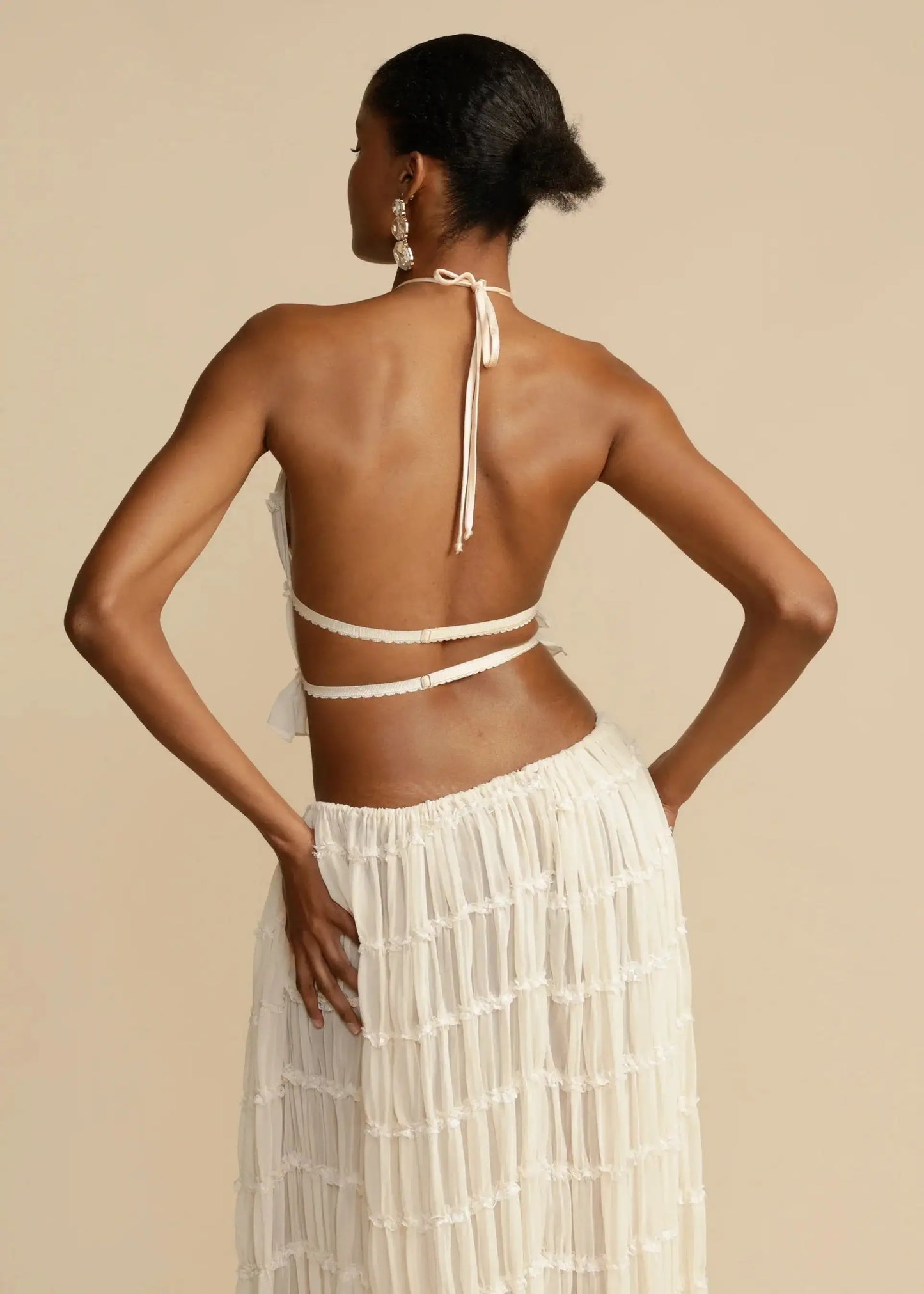 BRODIE Summer Backless Ruched White Skirt & Top Set